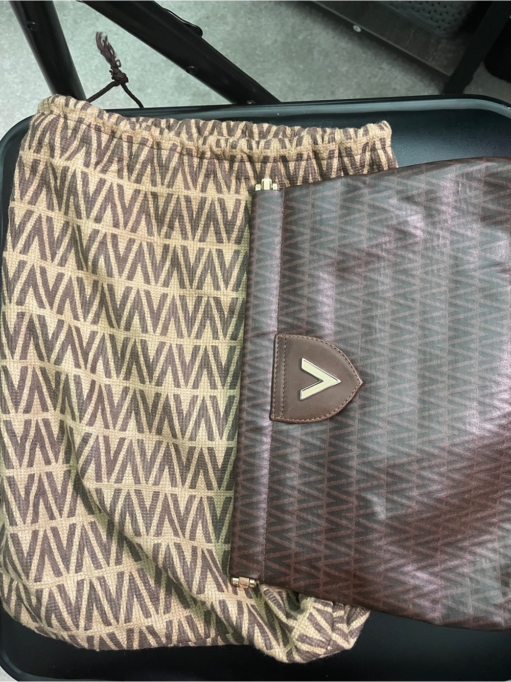 Mario Valentino Brown Patterned Clutch with Matching Drawstring Dust Bag
